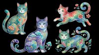 Colorful ornamental cats with floral and swirl patterns, isolated on transparent background. Four poses clipart set for t-shirt design, stickers, print on demand, sublimation.