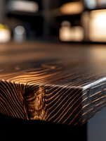 Macro shot of dark wooden table edge showing detailed grain texture and natural patterns in warm lighting, highlighting luxurious furniture craftsmanship.