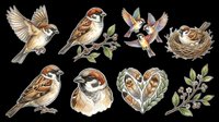 Sparrow clipart set with birds in flight, on branches, in nest, and heart wreath, isolated on transparent background, ready for stickers, t-shirt design, and print on demand.