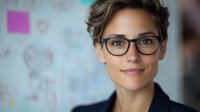 Young Caucasian businesswoman with short pixie haircut and glasses smiling confidently at camera against blurred office background, professional corporate portrait.