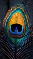 Vibrant peacock feather with water droplets on dark background showcasing iridescent blues, greens and golden colors in detailed macro photography.