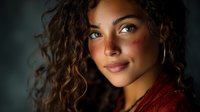Young mixed-race woman with curly hair wearing burgundy top looking away thoughtfully in warm studio lighting for lifestyle and beauty content.