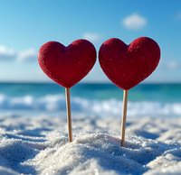 Two glittery red heart decorations on wooden sticks planted in white sand with ocean and blue sky background, perfect for romantic concepts.