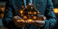 Glowing miniature house held in hands with magical sparkles and warm light emanating from windows against dark background, creating cozy winter atmosphere.