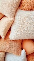 Soft plush pillows and blankets in warm peach, coral and white tones create cozy layered texture background for home decor and comfort lifestyle designs.