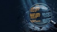 Cybersecurity threat detection system with magnifying glass revealing malicious code on dark circuit board background for digital security concepts.