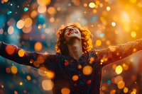 Young woman with curly red hair expressing joy with arms outstretched against magical bokeh lights background in warm orange and teal tones at sunset.
