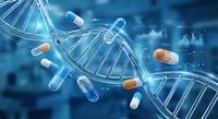 DNA double helix structure with floating pharmaceutical capsules and pills in blue medical laboratory background for healthcare research.