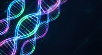 Glowing DNA double helix strands with neon blue and purple light effects on dark background for genetic research and biotechnology concepts.