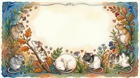 Watercolor frame with cute mice surrounded by colorful flowers, berries, and autumn leaves, with blank center space for text or design.
