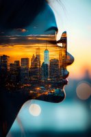 Double exposure silhouette of woman's face blended with glowing cityscape at sunset, illuminated skyscrapers and golden sky create dreamy urban portrait.