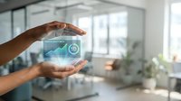Hands protecting holographic data visualization with growth charts and analytics in modern office environment for business technology concepts.