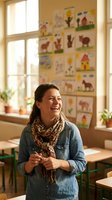 Happy female teacher laughing in elementary classroom with colorful animal drawings on wall and natural sunlight streaming through windows.