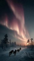 Majestic aurora borealis illuminates night sky as dog sled team races across snowy wilderness landscape with silhouetted pine trees at dusk.