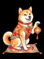Shiba Inu dog wearing red and gold traditional Asian ceremonial robe, sitting on decorative mat, holding ornamental lantern, smiling expression. Isolated on transparent background, ready for t-shirts, stickers, clipart, sublimation, and print-on-demand designs.