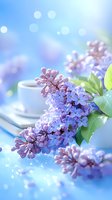 Fresh lilac flowers and cup of tea on blue background with soft bokeh lights and morning sunlight. Romantic spring composition for greeting cards.