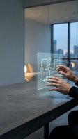 Person in business attire interacting with glowing holographic flowchart interface displaying connected nodes and arrows on transparent screen in modern office with city skyline view.