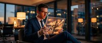Professional businessman analyzing financial charts on tablet in modern office during evening hours with city lights background.