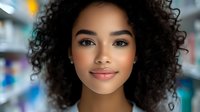Young African American woman with natural curly hair and radiant smile looking directly at camera against blurred urban background with soft bokeh lighting.