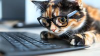 Calico cat wearing glasses lying on computer keyboard, looking smart and focused while working from home, funny pet portrait for business concepts.