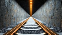Railway tracks leading through dark tunnel with symmetrical perspective and row of orange lights creating vanishing point. Stone walls and gravel bed form industrial scene.
