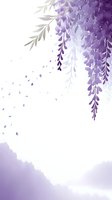Delicate wisteria flowers cascade from top corner with falling petals against white background, creating soft purple gradient effect. Suitable for romantic designs.