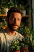Caucasian man with beard smiling in warm golden light surrounded by potted succulents and houseplants in cozy indoor garden setting.