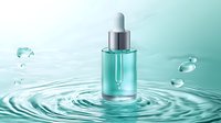 Cosmetic serum bottle with dropper on water surface creating ripple effect in mint green color scheme. Floating water drops add dynamic splash element.