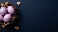 Pink speckled Easter eggs in dark brown nest with decorative bows and heart ornaments against deep navy background, creating elegant holiday composition.