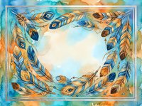 Watercolor feather frame with peacock plumes in gold and blue tones, creating an ornamental border on textured background. Suitable for invitations, cards, and design projects.