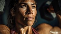 Strong athletic woman with curly hair showing determination and sweat after intense workout training session for fitness motivation and sports lifestyle.