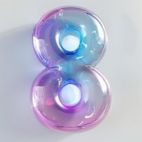 Glossy transparent number eight in gradient blue and pink colors with glass-like reflective surface and soft illumination on light background.