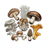 Botanical illustration of various mushroom and fungi species arranged in circular composition on isolated white background, suitable for educational materials, culinary guides, and design projects.