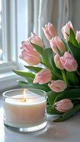 Soft pink tulips and glowing candle create serene atmosphere near window. Fresh spring flowers and aromatic wax bring calm, peaceful mood for spa or wellness design.