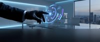 Gloved hand touching holographic fingerprint scan interface with cityscape view, representing biometric security, digital authentication, and futuristic technology solutions.
