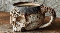 Rustic ceramic skull mug with ornate design and weathered finish, filled with coffee on wooden surface against textured wall background.