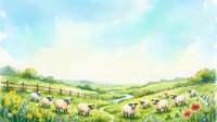 Pastoral landscape with grazing sheep in rolling green hills dotted with wildflowers, wooden fences, and soft blue sky. Ideal for rural, farm, and countryside design projects.