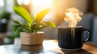 Steaming black coffee cup on wooden table with green plant in morning sunlight, cozy home atmosphere with bokeh background creates peaceful mood.