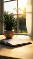 Ornamental grass plant in ceramic pot next to open book on wooden table by window during golden sunset hour, creating peaceful home atmosphere.
