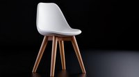 Modern white plastic chair with wooden legs on dark background, minimalist Scandinavian furniture design for contemporary interior spaces and home decor.