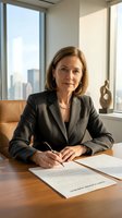 Professional middle-aged Caucasian businesswoman in gray suit signing documents at executive office desk with city skyline view for corporate leadership content.