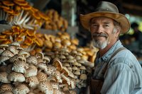 Mature bearded farmer in cowboy hat and denim overalls smiling near fresh organic shiitake mushrooms at local market stall, sustainable agriculture concept.