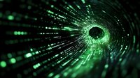 Abstract digital tunnel with green glowing particles and light streaks radiating from dark center, creating dynamic perspective effect for technology backgrounds.