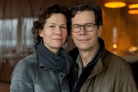 Middle-aged Caucasian couple smiling at camera, wearing casual winter clothing including scarf and jacket, with warm interior lighting creating intimate atmosphere.