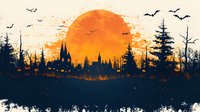 Orange sunset over gothic castle silhouette with flying bats and pine trees creating dramatic Halloween atmosphere against textured background for seasonal designs.