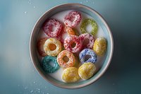 Colorful frosted mini donuts with sprinkles arranged in white ceramic bowl on blue background. Sweet dessert food photography for bakery marketing.