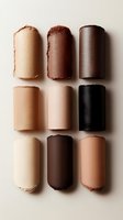 Foundation makeup swatches in various skin tone shades arranged in neat rows on beige background, showing texture and color range from light to dark tones.