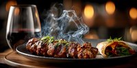 Grilled beef steak with herbs steaming on plate served with wine glass and vegetables in warm restaurant atmosphere for culinary dining experience.