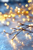 Glowing fairy lights on delicate branches against blue winter background with magical bokeh effect and soft snow sparkles create cozy festive atmosphere.