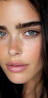 Close-up portrait of young woman with natural freckles, green eyes, dark hair, and pink lips against dark background. Soft beauty makeup and flawless skin texture.